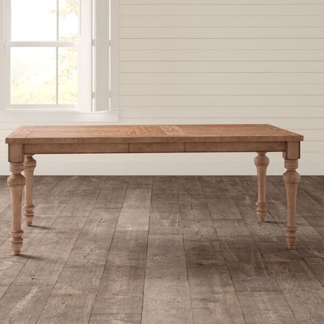 Deck out your dining room in modern farmhouse flair with this rectangular dining table. Crafted from solid wood with oak veneers, this piece sports a light oak finish with wood grain details for a rustic look that’s still versatile enough to complement most color palettes. Turned legs offer up a traditional touch, while an included leaf expands its top to offer enough surface space to seat six comfortably during casual family meals and dinner parties alike. Assembly is required. French Country Dining Rooms, Modern Farmhouse Dining Table, Classic Dining Table, Windsor Chairs, Country Dining Rooms, French Country Dining, Farmhouse Traditional, Urban Farmhouse, Farmhouse Dining Table