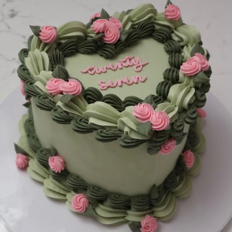 twenty seven 🌸🌱 - Cake Details - Size: Mini 6” (two layers) #emmacakesseattle #emmacakes #customcakes #seattlecakes #seattlebaker #seattlebirthday #seattle #birthdaycake #heartcake Mint Green Birthday, Green Birthday Cakes, Bakery Party, Vintage Heart Cake, Cake Designs For Girl, Cake Cherry, Valentines Cake, Dessert Design, Cake Pics