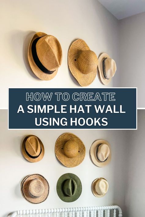 Have you ever seen something and been instantly inspired? That’s what happened to me when I saw pictures of my friend showing stunning hat wall that she lovingly refers to as functional art! I myself have a few hats (several of which are thrifted)…nowhere near as many as hers, but enough to make some wall art with. So, that’s what I did, and this post is all about how to create a simple hat wall using hooks. Hats On Wall Display Bedroom, How To Hang Hats On Wall Diy, Wall Hat Rack Ideas, How To Hang Hats On Wall, Hat Wall Display Bedrooms, Hat Display Ideas Wall, Hats On Wall, Hang Hats, Wall Hat Racks