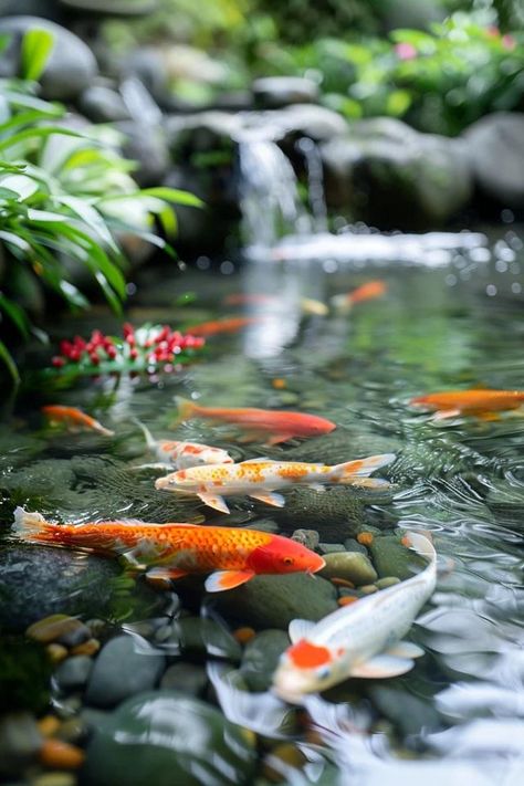 Koi Pond Waterfall Ideas for Serene Backyards Koi Pond Waterfall Ideas, Pond Waterfall Ideas, Koi Pond Waterfall, Waterfall Ideas, Diy Waterfall, Outdoor Ponds, Balcony Bar, Backyard Balcony, Pond Waterfall