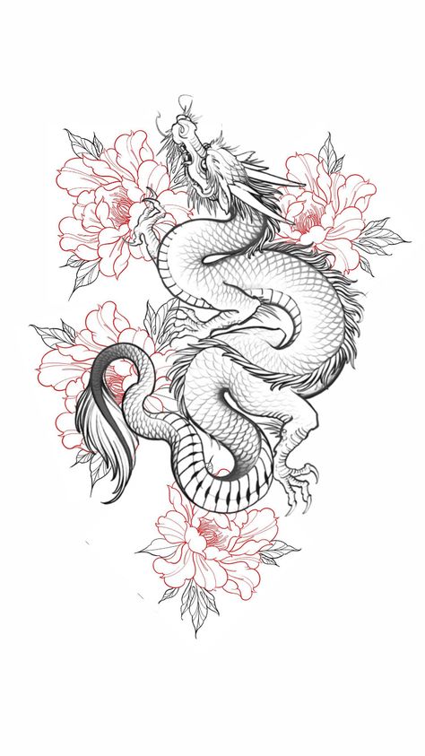 Chinese Dragon Tattoo Stencil, Dragon And Peony Tattoo, Traditional Chinese Dragon Tattoos, Chinese Theme Tattoo, Traditional Japanese Dragon Tattoo Designs, Earth Dragon Tattoo, Feminine Dragon Tattoo For Women, Dragon Tattoo With Flowers, Cool Nature Tattoos