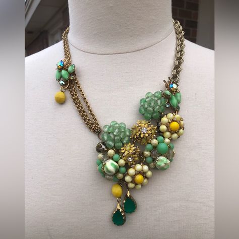 Ah-Mazing! Incredible Piece Created From Vintage Jewelry. Yellow And Green Vintage Earrings And Beads Were Used To Create The Beaded Parts. Vintage Gold Chains And A Gold Spring Clasp Finish The Look. Measures Approx. 21” All Pieces Are Made With Vintage And Recycled Materials So Flaws Maybe Visible. I Try To Show Any Missing Stones In The Pictures. Please Feel Free To Ask Any Questions. Closures May Be Changed At No Cost. Please Specify What Type Of Closure You Would Prefer At Ordering. Vintage 20s Inspired Jewelry, Display Vintage Jewelry, Statement Charm Necklace, Fairytale Jewelry, Upcycle Jewelry Ideas, Things To Make With Old Jewelry, Vintage Jewelry Display, Vintage Buttons Crafts, Unique Jewelry Vintage