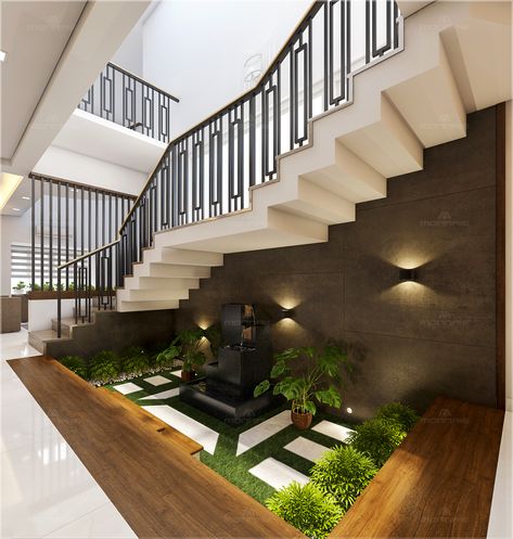 Stair Courtyard Design, Staircase Under Space Ideas, Courtyard Under Staircase, Stair Area Design, Staircase With Plants, Client Office, 2023 Landscape, Under Staircase, Office Landscape