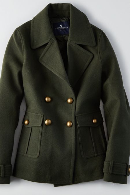 Olive Coat, Peacoat Womens, Green Wool Coat, Frock And Frill, Great Coat, Military Coat, Blazer Designs, Wool Peacoat, Belted Coat