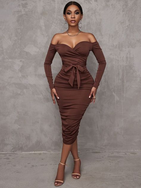 SHEIN SXY Off Shoulder Ruched Belted Bodycon Dress | SHEIN USA Nude Dresses For Wedding Guests, Dark Brown Dress Outfit, Brown Dresses Outfit, Nude Bodycon Dress, Girls Night Outfit, Body Con Dress Outfit, Rouched Dress, African Wear Dresses, Work Dresses For Women