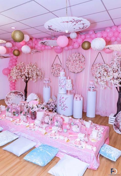 Cherry Blossom First Birthday - Birthday Party Ideas for Kids Cherry Blossom Cake Ideas, Barbie First Birthday, Cherry Blossom Ceiling, Decoration With Paper, Chinese Theme Parties, Cherry Blossom Wedding Theme, Cherry Blossom Party, Cherry Blossom Decor, Cherry Blossom Cake