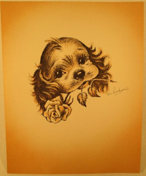 EVE ROCKWELL COCKER SPANIEL PUPPY FLOWER ROSE N MOUTH VINTAGE GREETING CARD CUTE Puppy Flowers, Cocker Spaniel Puppy, Spaniel Art, Cute Little Tattoos, Flower Rose, Vintage Tattoo, Vintage Dog, Art Collage Wall, Mid Century Art