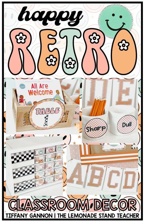 Retro Classroom Theme High School, Vintage Vibes Classroom Decor, Boho Retro Classroom Decor, Happy Face Classroom Theme, Retro Classroom Decor Ideas, Boho Retro Classroom, 70s Classroom, Free Classroom Decor, Kindergarten Classroom Themes