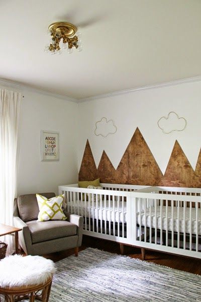 Some Like A Project: Modern, Outdoorsy, Gender Neutral Nursery for Boy/Girl Twins Gender Neutral Bedroom Kids, Twin Baby Rooms, Neutral Kids Bedroom, Nursery Ideas Boy, Burning Tree, Gender Neutral Kids Room, Twin Nursery, Neutral Kids Room, Nursery Trends