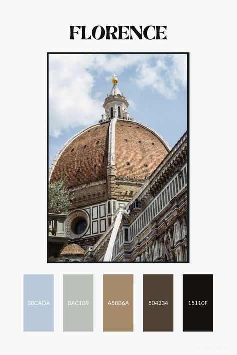 A blue, green, and brown color palette based on this photo of the Cathedral of Florence in Florence, Italy. Perfect for designing posters, logos, websites, apps, and more! I've also linked to a helpful book on colors and color palettes if you're interested in learning more about the world of color! Green And Brown Color Palette, Graphic Design Color Palette, Graphic Design Color, Design Color Palette, Vintage Colour Palette, Brown Color Palette, Turin Italy, Studio Interior, Color Palette Design