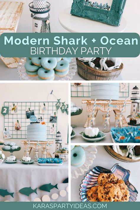 Modern Shark + Ocean Party via Kara's Party Ideas - KarasPartyIdeas.com Underwater Party Decorations Diy, Ocean Themed Dessert Table, 2nd Birthday Shark Theme, Retro Ocean Themed Birthday, Modern Shark Birthday Party, Shark Party Centerpiece Ideas, Baby Beluga Birthday Party, Shark Party Centerpiece, Ocean Theme 1st Birthday