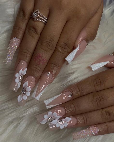 Quince Nails White, Pink Quinceanera Nails Medium, White Acrylic Nails With Rhinestones, Acrylic Nails Butterfly Gems, Medium Square Acrylic Nails 3d Flowers, Quince Nails Short, Fairy Garden Acrylic Nails, Pink Quince Nails Butterfly, Pink Flower Quince Nails