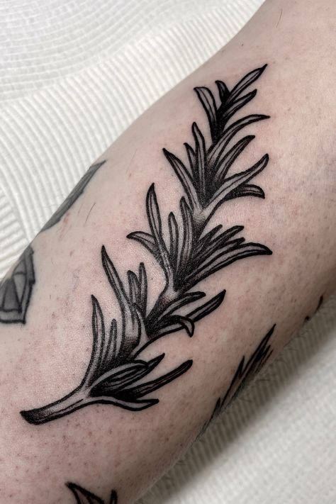 Rosemary Sprigs Tattoo, Sprig Of Rosemary Tattoo, Witchy Herb Tattoo, American Traditional Leaf Tattoo, Rosemary Tattoo Design, Narrow Tattoo Ideas, Woodcut Tattoo Flash, Traditional Tattoo Leaves, Ingredients Tattoo