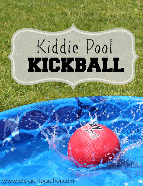 Kiddie Pool Kickball-one of our favorite ways to kick off the summer! Great for backyard BBQs, youth activities, or any summer party.  #summer #groupgames www.lets-get-together.com Kick Off To Summer Party, Water Kickball, Backyard Water Games, Kiddy Pool, Fun Water Games, Outdoor Water Games, Outdoor Water Activities, Fun Camp, Summer Camp Games