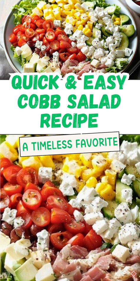 The ultimate Cobb salad recipe is here! Crispy bacon, tender chicken, creamy avocado, and hard-boiled eggs come together for a classic dish with bold flavors and fresh ingredients. Ideal for a light dinner or a protein-packed lunch, this salad is simple yet satisfying. Save this pin for a fresh, wholesome meal idea! Salads With Boiled Eggs, Cob Salad Recipe, Cobb Salad Dressing Recipe, Best Cobb Salad, Easy Cobb Salad, Cob Salad, Cobb Salad Ingredients, Chicken Cobb Salad, Cobb Salad Recipe