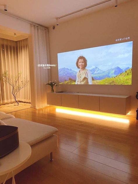 Soft Minimal Living Room, Small Living Room Minimal, Living Room Projector Wall, Living Room Projector Ideas, Projector In Living Room, California Bedroom, Minimalist Living Room Apartment, Decorating Ideas Christmas, Mini Projector