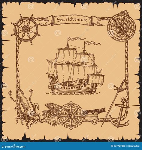 Frame Sketch, Halloween Cutouts, Vintage Pirate, Rope Frame, Sketch Illustration, Screen Savers, Powerpoint Presentation, Framed Artwork, Stock Vector