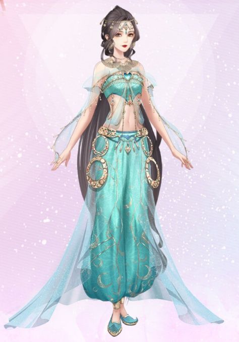 Genie Warlock, Sumeru Oc, Genie Dress, Drawing Of Clothes, Assistant Outfit, Arabic Clothes, Fae Ball, Harem Outfit, Legend Of The Phoenix Game