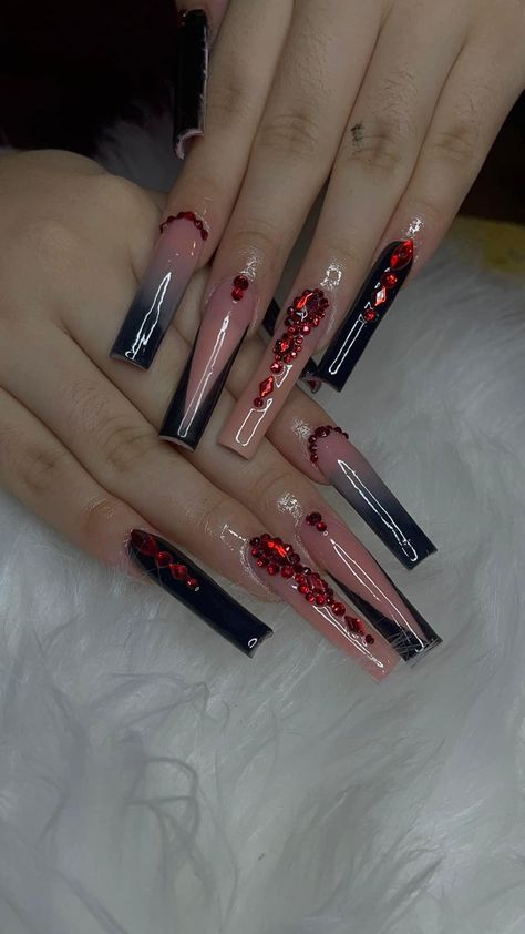 Dark Red Nails With Rhinestones, Nails Extra Art Designs, Long Black And Red Nails, Black Nails Red Gems, Black And Red Nail Designs Acrylics, Black Red Acrylic Nails, Red And Black Birthday Nails, Black Nails With Red Rhinestones, Red And Black Acrylics