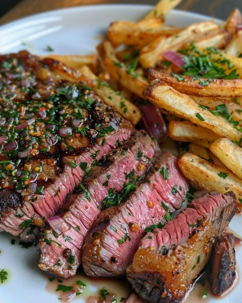 Steak Frites Recipe, Chili Butter, Thyme Salt, Crispy Fries, Butter Steak, Steak Frites, Pan Fry, Medium Rare, Dinner At Home