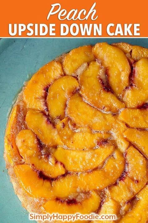 Peach Upside Down Cake is so delicious and easy to make! We like this fresh peach cake so much! simplyhappyfoodie.com #peachupsidedowncake #freshpeachcake fresh peach dessert Fresh Peach Cake, Simply Happy Foodie, Peach Cake Recipes, Fresh Peach Recipes, Peach Upside Down Cake, Peach Dessert, Peach Dessert Recipes, Healthy Cake Recipes, Peach Desserts