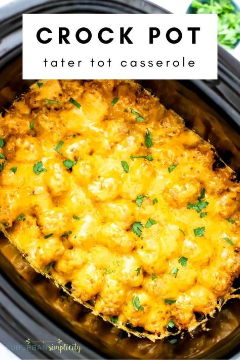 This is one of the best tater tot recipes!  Easily make this Crock Pot Tater Tot Casserole in your slow cooker and enjoy perfectly cooked ground beef, layered between crispy tots and smothered in cheese! #suburbansimplicity #crockpotrecipes #slowcookerrecipes #tatertots #tatertotrecipes #tatertotcasserole #crockpotcasseroles via @https://www.pinterest.com/Erin_Simplicity/ Breakfast Casserole With Tater Tots, Crock Pot Tater Tot Casserole, Casserole With Tater Tots, Casserole Crockpot Recipes, Casserole Crockpot, Tater Tot Recipes, Tater Tot Casserole Recipes, Crockpot Lasagna, Crockpot Casserole