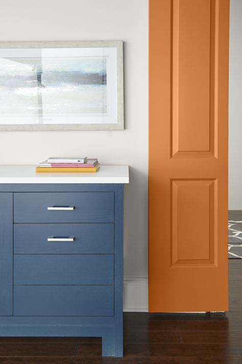 Orange Nursery Paint Colors, Behr Underwater, Nursery Paint Colors Behr Auburn, Behr Rumba Orange, Behr Orange Flambe, Ombre Blue Behr Paint, Orange Bedroom Walls, Orange Paint Colors, Orange Nursery