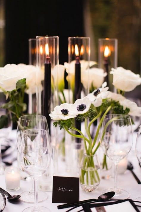 Tented Backyard Wedding, Anemone Centerpiece, Classic Wedding Reception, Black Centerpieces, Anemone Wedding, Black And White Wedding Theme, White Wedding Theme, White Elegance, Black And White Flower