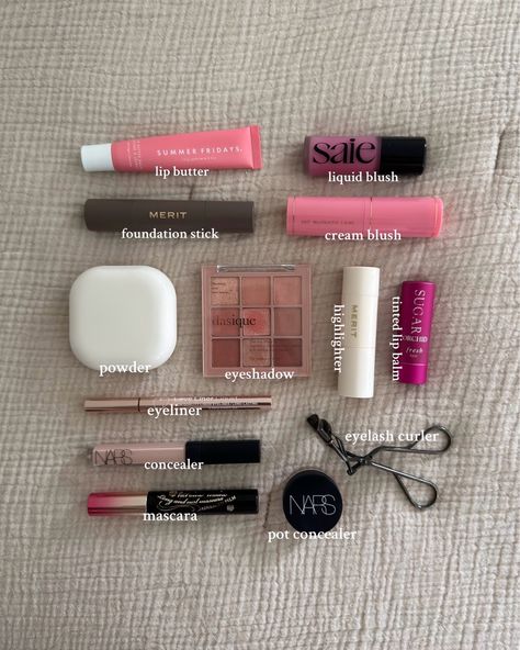 my makeup essentials 🎀  merit, saie, nars, summer fridays, what's in my makeup bag Light Makeup Essentials, On The Go Makeup Kit, Makeup Bag Essentials List, What's In My Makeup Bag, What’s In My Makeup Bag, Makeup Essentials List, Minimalist Makeup Collection, Becky Core, Whats In The Bag