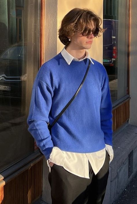 Blue Outfit Male, Blue Sweater Outfit Men, Short Jumper Outfit, Blue Outfits Men, Blue Jumper Outfit, Blue Monochrome Outfit, Monochrome Outfit Men, Jumper Outfit Men, Blue Clothes Aesthetic