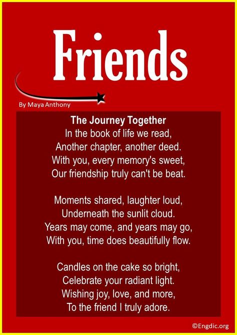 Celebrate the magic of friendship on that special day with a poetic touch! Dive into these 15 short and funny birthday poems tailored just for your best friend. Unleash laughter, evoke tears, and make memories that last a lifetime. Let’s get poetic! Short Birthday Poems for Friends 1. The Journey Together This poem is a tribute to the beautiful journey of friendship and how it gets better with time, especially on the day that marks another year in a friend’s life. In the book o... Friends Poem Short, Short Poem For Best Friend, Short Birthday Poems, Short Rhyming Poems, Birthday Poem For Friend, Poems For Friends, Funny Birthday Poems, Preschool Poems, Rhyming Poems