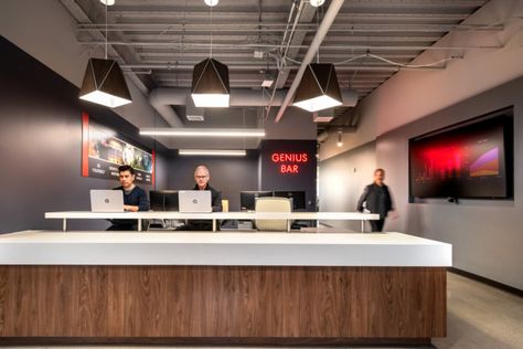 Workplace Interior, Genius Bar, Room Signage, Breakout Area, Bar Office, Office Photo, Grey Color Scheme, Cement Floor, Office Snapshots