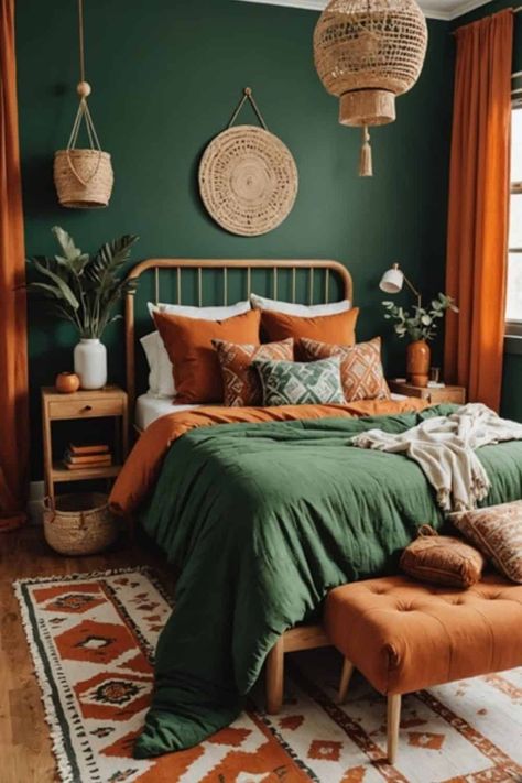 Discover stylish green and burnt orange bedroom ideas! Learn how to mix shades, textures, and decor to create a cozy, bold, and balanced space Emerald Green Bedframe Room, Green And Burnt Orange Bedroom, Burnt Orange Bedroom Ideas, Emerald Bedroom, Orange Bedroom Ideas, Burnt Orange Bedroom, Emerald Green Bedrooms, Green And Burnt Orange, Sage Bedroom