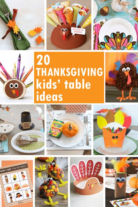 A roundup of 20 Thanksgiving kids' table ideas. DIY ideas for your Thanksgiving kids' table. Thanksgiving crafts and decor, kid-friendly. Thanksgiving Table Crafts, Kids Table Decorations, Kid Friendly Thanksgiving, Thanksgiving Decorations Diy Table, Thanksgiving Kids Table, Place Settings Thanksgiving, Table Setting Ideas, Thanksgiving Activities For Kids, Thanksgiving Dinner Table