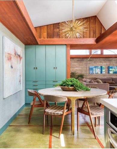 ✨Kitchen Corner ✨   Wanting to create your Mid Century Modern dream kitchen? Debra Szidon did just that in her 1953 home, turning a cramped and dysfunctional kitchen into a bright and functional space. Click the link to learn more! Photo by Daniel Blue Photography. . . . . . . #atomicranch #midcenturymodern #midcenturystyle #midcenturydesign #kitchen #midcentury #vintagekitchen #midcenturyarchitecture Blue Mid Century Kitchen, Wood Panel Wall Mid Century, Kitchen Lighting Fixtures Vaulted Ceiling, Mid Century Kitchen Flooring, Mid Century Modern Pantry Door, Modern 70s Kitchen, Angled Kitchen Ceiling, Mid Century Pantry, Mid Century Kitchen Ideas