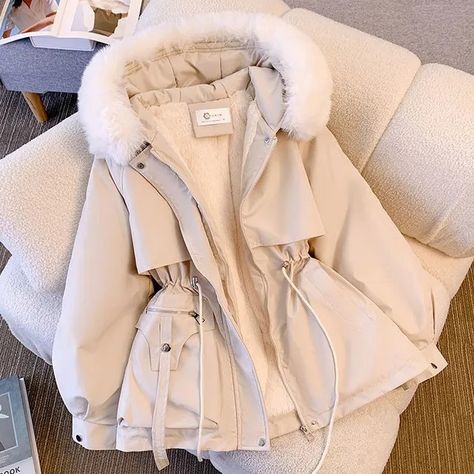 Acoustic Rain - Fluffy Hooded Puffer Coat | YesStyle Winter Parka, Jumpsuit Outfit, Korean Casual, Cotton Coat, Winter Jackets Women, Solid Clothes, Winter Coats Jackets, Winter Coats Women, Casual Streetwear