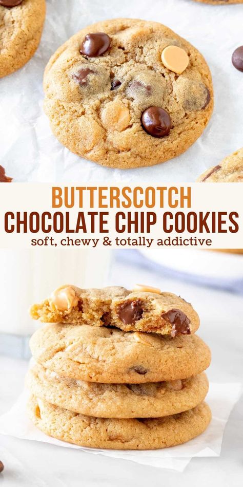 These butterscotch chocolate chip cookies are chewy, buttery and completely addictive. They're a little crispy around the edges but soft in the middle. If you love butterscotch chips - then this is the cookie recipe for you! #cookies #butterscotchchips #chocolatechips #recipe #chewy #easy from Just So Tasty Cookie Recipes Butterscotch Chips, Recipes With Butterscotch Chips, Chocolate Chip Butterscotch Cookies, Cookies Butterscotch, Butterscotch Chocolate Chip Cookies, Desserts Board, Butterscotch Cookies Recipes, Butterscotch Chip Cookies, Cookie Board