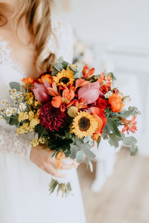 Fall Flower Inspiration, Yellow And Orange Bridal Bouquet, Fall Wedding Flowers With Sunflowers, Yellow Red Bouquet, Sunflower And Orange Bouquet, Sunflowers And Orange Roses, Fall Bouquet Sunflower, Wildflower Bouquet Orange, Sunflower And Orange Rose Bouquet