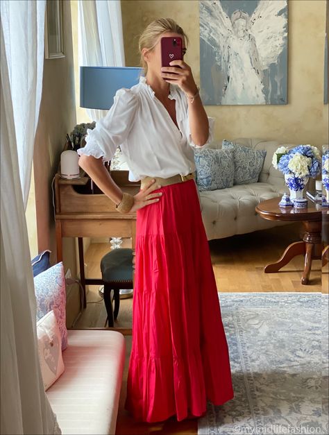 WIW - A Splash Of Red | My Midlife Fashion Long Red Skirt Outfit, Red Maxi Skirt Outfit, Long Skirt Outfits Korean, Skirt Outfits For Winter, Skirt Casual Outfit, Aesthetic Skirts, Outfit Ideas Skirt, Red Skirt Outfits, Red Long Skirt