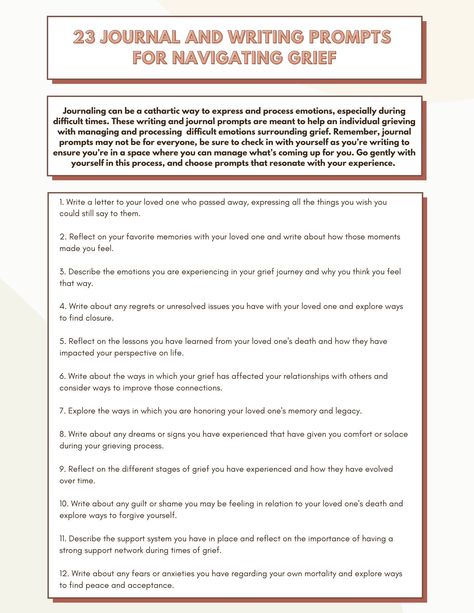 These worksheets offer 23 guided journal and writing prompts for helping an individual navigate grief. Writing Therapy Journals, Writing Therapy Psychology, Family Therapy Worksheets, School Based Therapy, Journal Topics, Journal Questions, Guided Journal, Art Journal Therapy, Writing Therapy