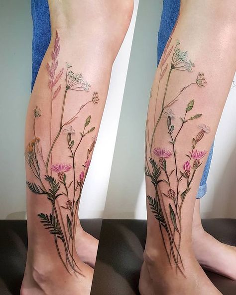 Long Stem Flower Tattoo Leg, Marsh Tattoo Ideas, Long Stemmed Flower Tattoo, Calf Flower Tattoo, Long Stem Flower Tattoo, Flower Calf Tattoo, Herbs Tattoo, Marsh Tattoo, Tattooed Princess