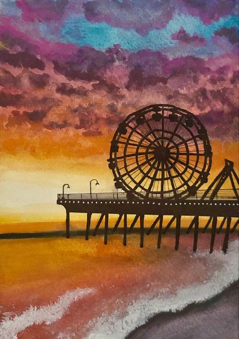 Amusement Park Painting, Arcade Painting, Ferris Wheel Painting, Ferris Wheel Sunset, Carnival Painting, Arcade Aesthetic, Canvas Painting Projects, Aesthetic Clouds, Summer Painting