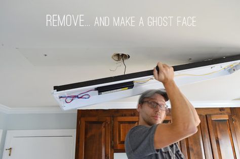 How To Remove Fluorescent Light Fixture, Replacing Florescent Lights Kitchen Diy, Florescent Light Replacement Ideas, Flouresant Light Makeover, Fluorescent Light Makeover, Earth Kitchen, Replace Light Fixture, Flourescent Light, Lighting Makeover