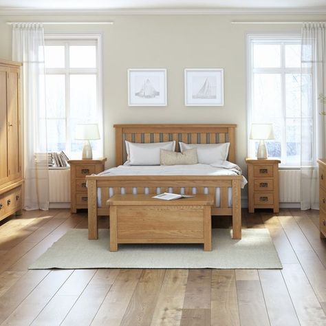 Elevate your bedroom with the Countryside Bedroom Set This oak bedroom furniture will give a fresh new look to any bedroom. This great value set includes: Countryside 5’0” slatted bed frame, Countryside bedside chest, Countryside 2 over 3 chest of drawers and Countryside double wardrobe on drawers. Bed Aesthetic, Rustic Oak Furniture, Oak Bed Frame, Wooden Bedroom Furniture, Oak Wardrobe, Oak Bedroom Furniture, Oak Chest Of Drawers, Oak Beds, Wooden Bedroom