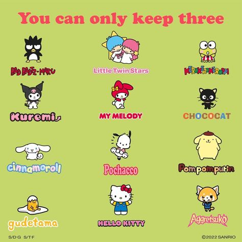 Hello Kitty & Friends on Instagram: “You can only pick three amongst these characters, so who would you keep? Let us know below ⬇️ #HelloKittyandFriends #Sanrio #Games” Scenario Characters Hello Kitty, Hello Kitty Friends Name, Hello Kitty And Friends Names, All Sanrio Characters Names, Hello Kitty Members, Hello Kitty Characters Names, Hello Kitty Names, Sanrio Names, Hello Kitty And Friends Icons