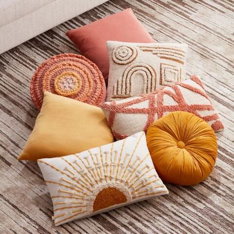 Tufted Embellished Sunrise Lumbar Pillow | World Market Boho Bed Pillow Arrangement, Boho Room Pillows, Bedroom Accessories Decor Luxury, Modern Boho Throw Pillows, Boho Bed Pillows, Cheap Boho Bedding, World Market Pillows, Sunrise Decorating Ideas, Boho Throw Pillows Bedroom