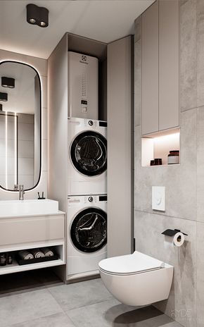 VYD39 on Behance Utility Room With Toilet Ideas, Bathroom With Washer And Dryer Layout, Bathroom Washer Dryer, تصميم دورة مياه, Modular Bathrooms, Functional Bathroom, Laundry Bathroom, Laundry Design, Modern Laundry Rooms