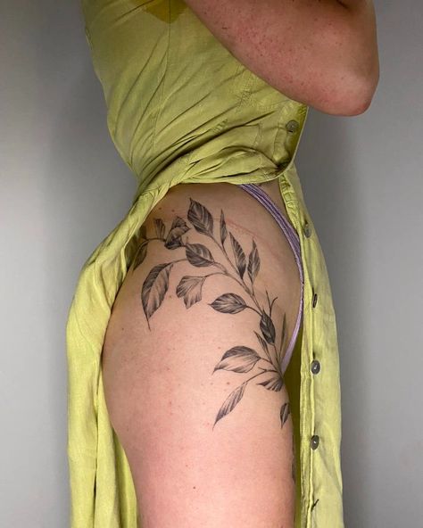 Tatoo, leaves, art Leaves On Stomach Tattoo, Hip Tattoo Leaves, Hip Leaves Tattoo, Plant Thigh Tattoo, Back Hip Tattoo, Leave Tattoo, Venus Taurus, Buttcheek Tattoo, Earthy Tattoos