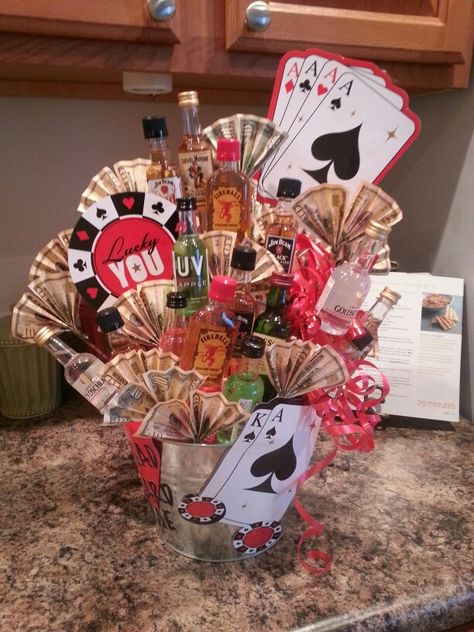 21st Birthday - Go Ahead, Card Me! Vegas Birthday Gift Ideas, 33 Birthday Ideas, Casino Gift Basket, Good Birthday Ideas, 21st Bday Gift Ideas, Liquor Baskets, 21st Birthday Bouquet, Drink Tower, Raffle Gift Basket Ideas