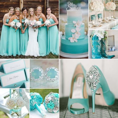 An aqua wedding will get the stamp of approval from all parties, and is perfect any time of year. Aqua Wedding Decor, Tiffany Blue Centerpieces Wedding, Teal And Tan Wedding Ideas, Aquamarine Wedding Theme, Aqua Wedding Ideas, Turquoise Wedding Ideas, Aqua Wedding Theme, Egyptian Tea, Aqua Wedding Colors